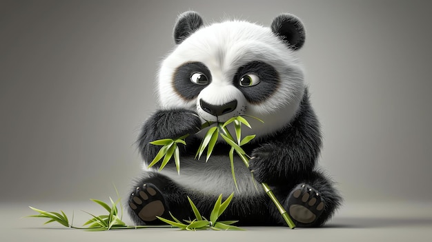 Фото Прекрасная маленькая панда сидит на сером фоне и жует бамбук.