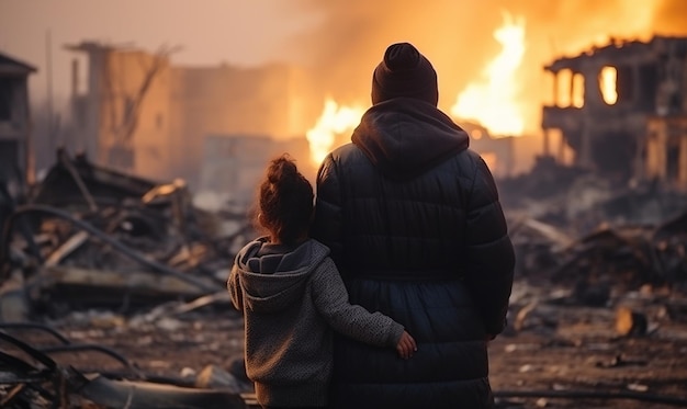 写真 大人と子供のシルエットは 破壊された都市風景の背景に描かれています