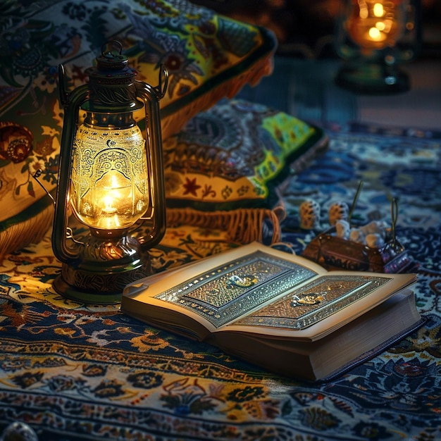 Фото Реклама для eid al fitr с лампой и книгой на ней