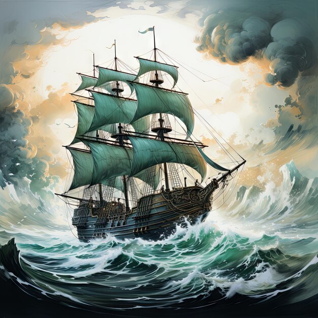 写真 幽霊の船の舵を握っている幽霊の海賊船長と広大な海の上のアンテナ