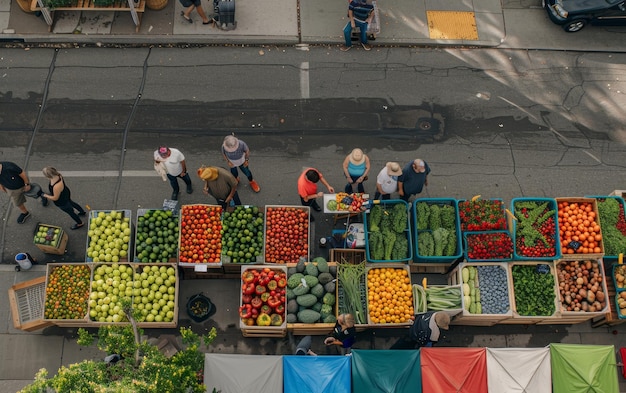 사진 한 항공 촬영 은 사람들이 매일 구매 와 판매 의 바람 에 싸여 있는 다채로운 농산물 들 이 전시 되어 있는 거리 시장 의 활기찬 장면 을 포착 한다