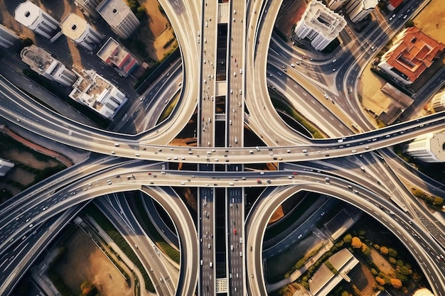 写真 複数の車線を持つ高速道路の交差点の空中景色