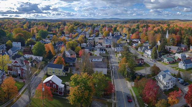 写真 秋の小さな町の空中写真町の木の葉は赤オレンジ黄色に変わっています
