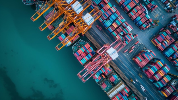 Фото Взгляд с воздуха показывает сложную структуру морского порта с аккуратно сложенными красочными контейнерами, массивными кранами и грузовым кораблем.