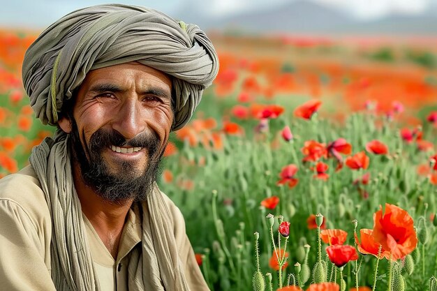 Фото Афганский мужчина улыбается в тюрбане в поле с маковыми цветами