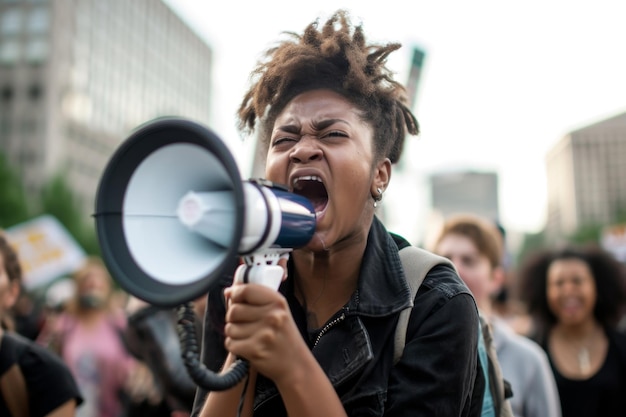 写真 街の通りでアフリカ系アメリカ人の少女が集会でメガフォンに叫ぶ