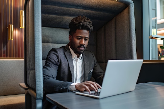 Фото Афроамериканский бизнесмен проводит виртуальную встречу с помощью ноутбука в