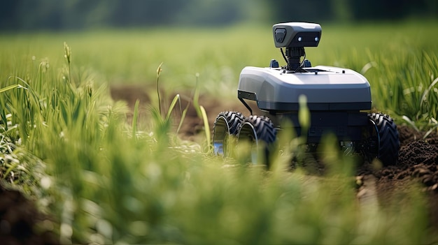 写真 農業用ロボットが車輪に乗って 栽培された農場の畑で 植物の列間を走る 無人遠隔制御と植物のケアのための技術