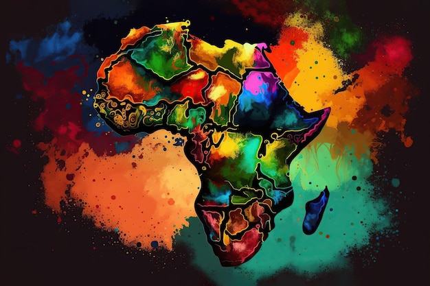 사진 페인트 스플래터 효과를 특징으로하는 아프리카의 활기찬 지도의 ai 생성 일러스트레이션
