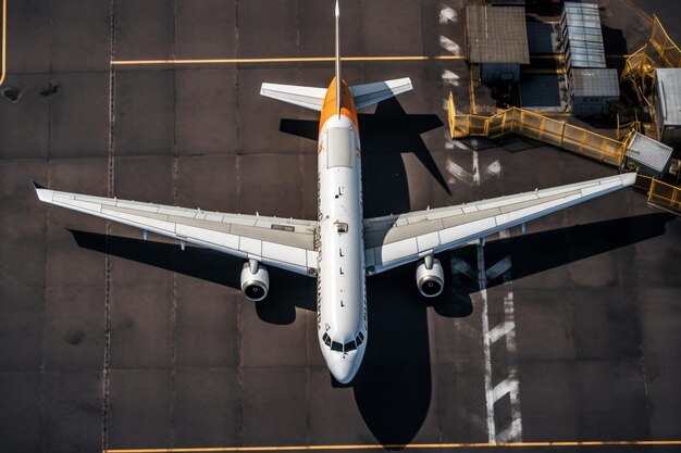 写真 飛行機が着陸装置を下げて駐機場にいます