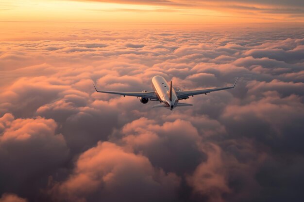 写真 空を飛ぶ飛行機 雲の海の上を飛ぶ 驚くべき夕暮れ 雲の上を飛ぶ 夜明けに aiが生み出した