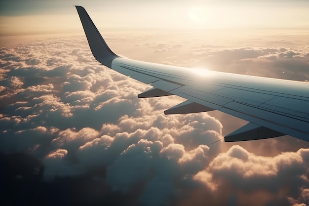 写真 雲の上の空に飛行機の翼