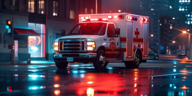 Фото an ambulance responds to a call in the city at night generative ai