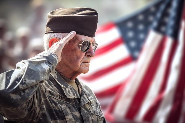 写真 アメリカ国旗はアメリカ陸軍の退役軍人によって退役軍人の日に敬礼されます (a.i.ジェネレーション)