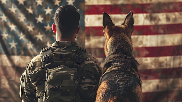 Фото Американский солдат со своей лояльной собакой против флага сша концепция дня памяти и дня ветеранов