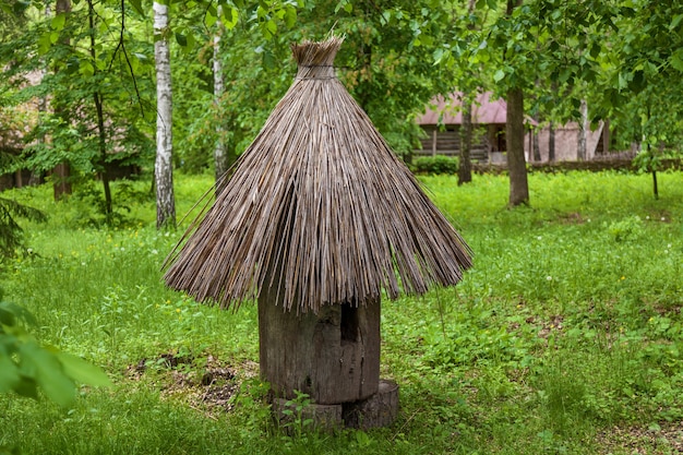 写真 森の空き地の真ん中にある古代の巣箱。茅葺き屋根の木の幹から作られた、ダミーまたはボードと呼ばれていました