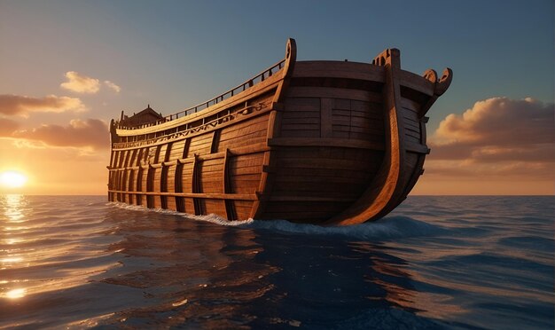 写真 古代 の 木製 の 船 が 波 を 航海 し て いる