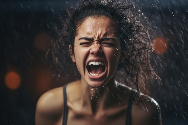 写真 雨の中で口を開けて怒っている女性