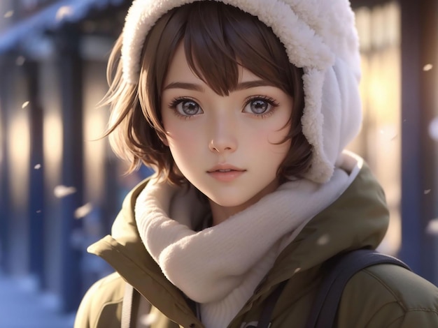 사진 겨울 옷을 입은 짧은 머리카락의 애니메이션 소녀 만화