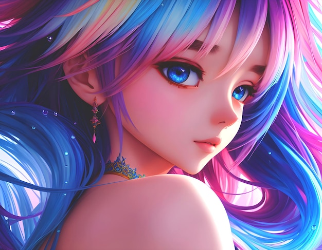사진 ai를 사용하여 만든 아름다운 파란 눈을 가진 애니메이션 여성