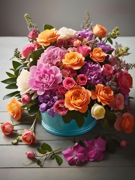 Фото Аранжировка свежих и ярких цветов в различных оттенках