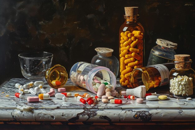 사진 테이블 위에 배열된 약과 병의 컬렉션을 묘사하는 예술 작품, 위험한 아름다움으로 표시된 진통제의 정체물 그림, 인공지능 생성