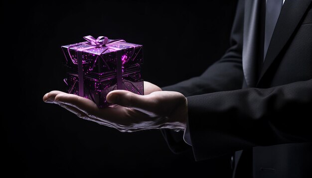 Фото Искусственный интеллект держит фиолетовый подарок с черным фоном