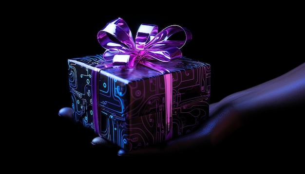 Фото Искусственный интеллект держит фиолетовый подарок с черным фоном
