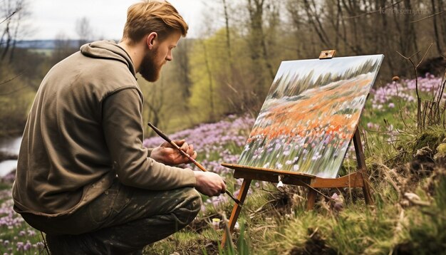 Фото Художник рисует весенний пейзаж на открытом воздухе