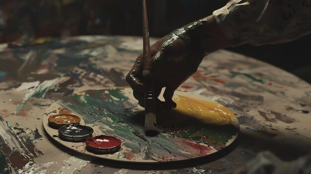 Фото Рука художника держит кисть и смешивает цвета на палитре. фон размытый и темный.