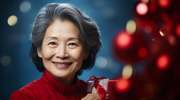 写真 アジアの祖母が赤いドレスを着てクリスマスの囲気で微笑んでいる