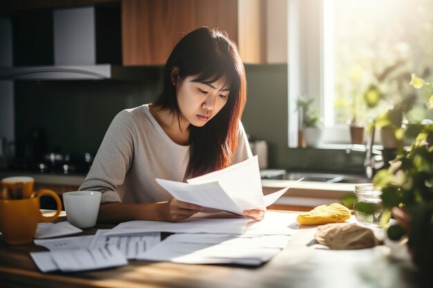 写真 アジア人女性が顧客の個人銀行と財政を管理しています