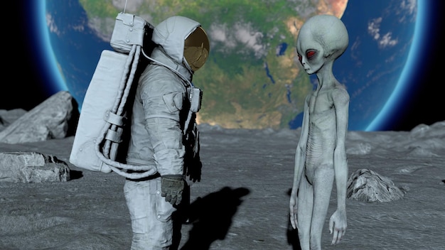写真 宇宙飛行士と灰色のエイリアンが月に立って互いに目を向ける 地球との最初の接触 目に見えるufoの未来概念 3dレンダリング