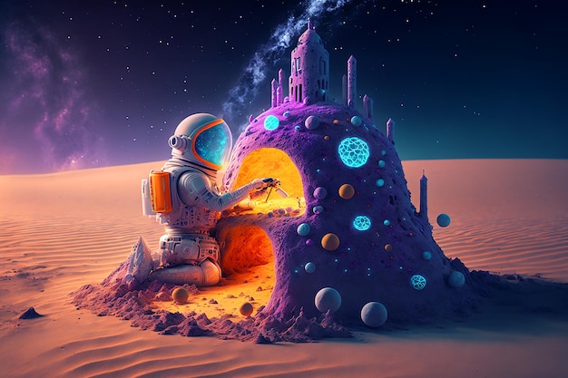 Фото Астронавт строит замок из песка в пустыне