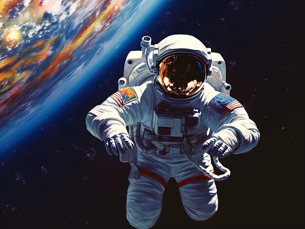 Фото Астронавт, плывущий по космосу во время выхода в открытый космос, окруженный бесконечными просторами космического искусства.