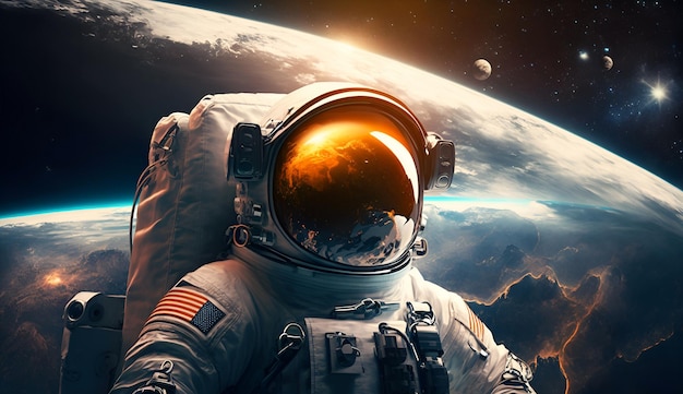 写真 地球を背景に宇宙にいる宇宙飛行士。
