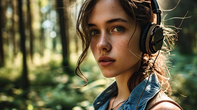 Фото Привлекательная женщина в наушниках слушает музыку на открытом воздухе в природе