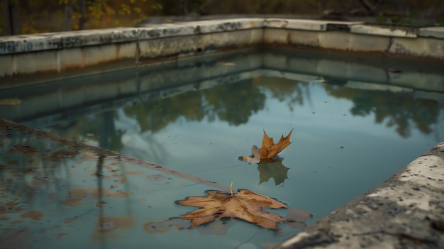 사진 수영장에서 떠다니는 가을 잎 물은 조용하고 나무와 하늘을 반영합니다.