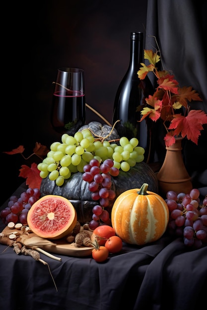 사진 검은 회색의 스타일로 테이블에 놓인 과일 사과와 포도와 함께 가을 호박