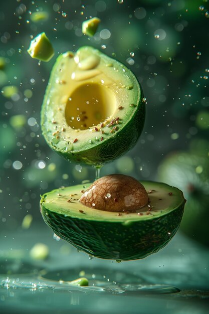 Фото Авокадо, наполовину изящно сброшенное семя кунжута на пышном зеленом фоне