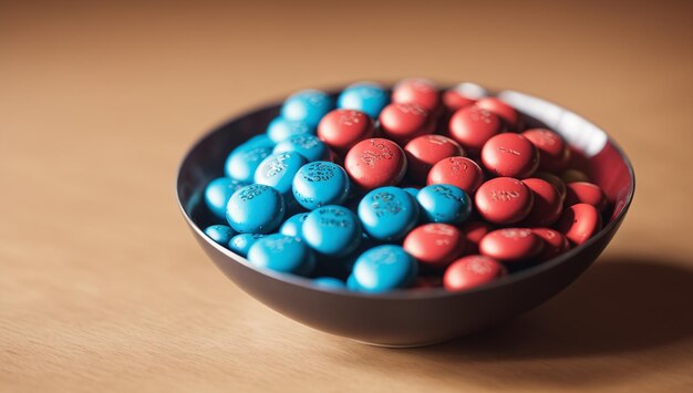 사진 빨간색과 파란색 candis를 곁들인 초콜릿 candis의 경외감과 장엄한 그릇