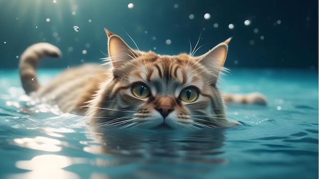 写真 水の中を夢のように泳ぐ猫