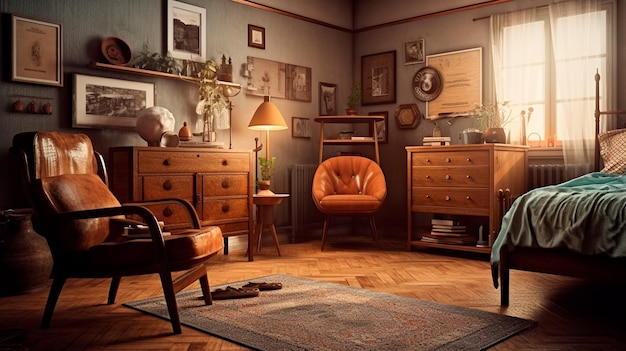 Фото Эклектичная спальня с несоответствующей коллекцией мебели, включая кресло в винтажном стиле и тумбочку середины века генеративный ии