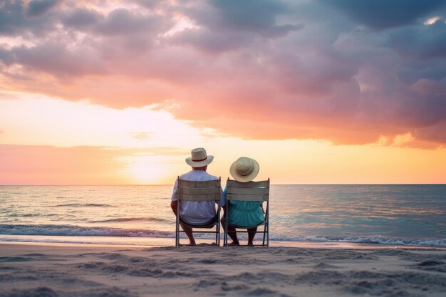 写真 夕暮れの際にビーチにいる年配の夫婦