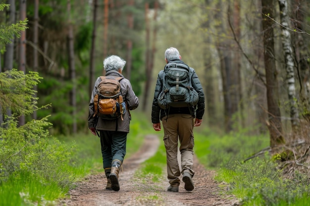 写真 高齢の夫婦がバックパックを背負って森の道を歩いています
