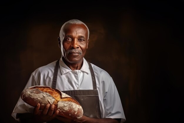 写真 年配の黒皮の男性パン屋は手に新鮮に焼いたパンを握っています プライベートパン屋のパン屋家庭または小規模企業でのパン生産 小規模なビジネス