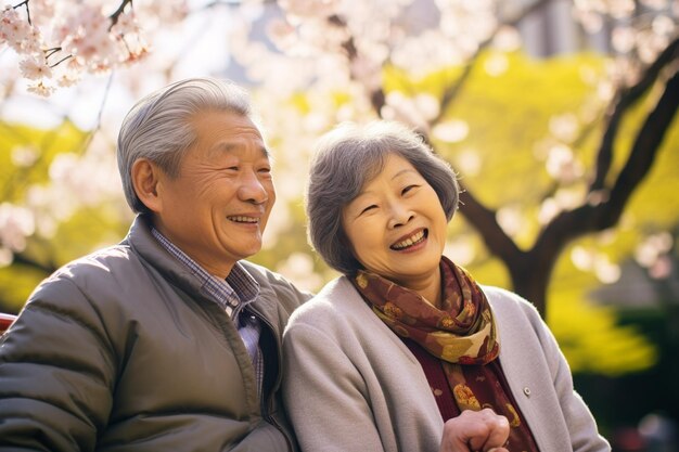 사진 노인 일본인 부부가 공원에서 앉아 얼굴을 가까이 찍고 부부가 함께 웃고 있다.