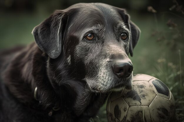 写真 灰色の銃口にサッカー ボールを持った年配のラブラドールが座って熱心に横を向いている