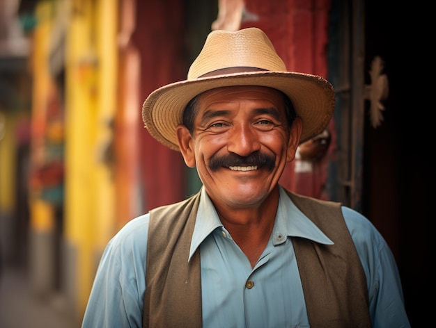 写真 都市の通りで帽子をかぶった年配のラテンアメリカ人のメキシコ人男性 幸せで金持ちではない