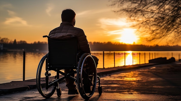 Фото Пожилой человек в инвалидном кресле в сумерках генеративный ии